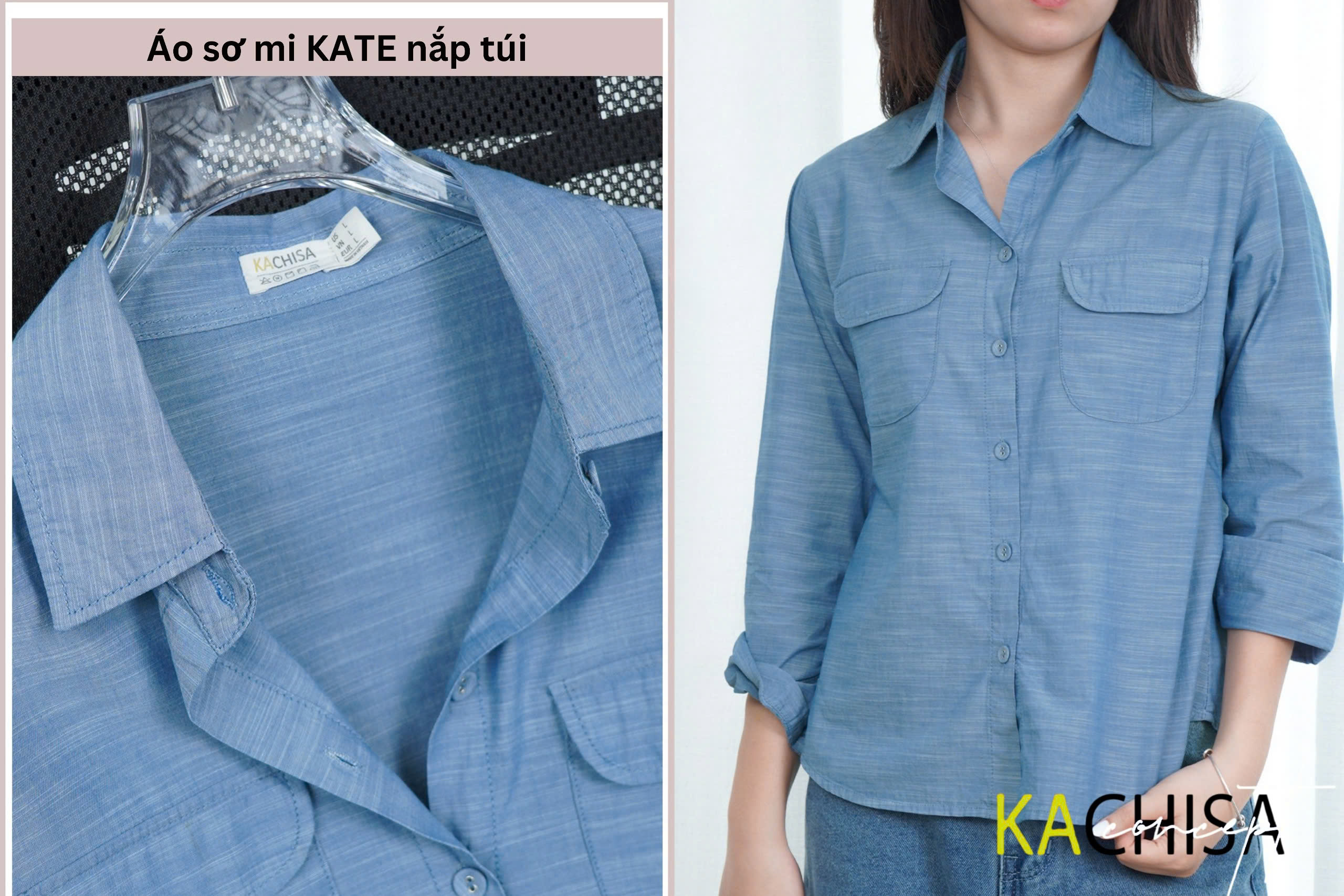 Áo Sơ Mi tay dài Nắp Túi Linen | Kate | Xi, thời trang công sở nữ, form chuẩn - Hình ảnh 3